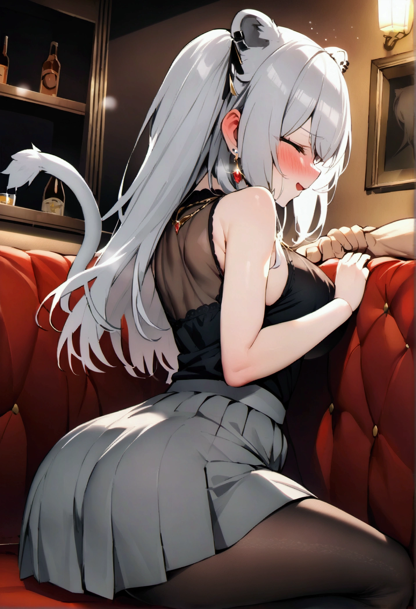 NSFW,masterpiece,Highest quality,High resolution,Super detailed,Shishirabotan\(Hololive\),Long Hair、Two Side Up、Earrings、Lion&#39;s Tail,necklace、Black Shirt、Sleeveless shirt、abdomen、See-through、Grey Skirt、片足pantyhose、pantyhose、Off the shoulder,Black sexy panties,Embarrassed,blush,(In heat),Luxurious Room,pub,Private room,sofa,(Drunk),(Intoxication),heart,Sexy pose,Panty shot,(Middle-aged men),(A man puts his hands on her waist and hugs her),(Face-to-face sitting position),(Having sex)