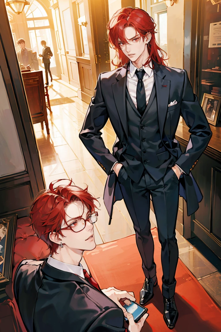 (masterpiece), best quality, seductive eyes, perfect face, handsome man, red eyes, long messy red hair, long nose, angry face, tan brown skin, business suit, black necktie, red glasses, extremely tall man, long legs, long calves, full body, tall man, long legs, anime cover, 1boy, ear piercings, hands in pockets, adult-like look, cafe background