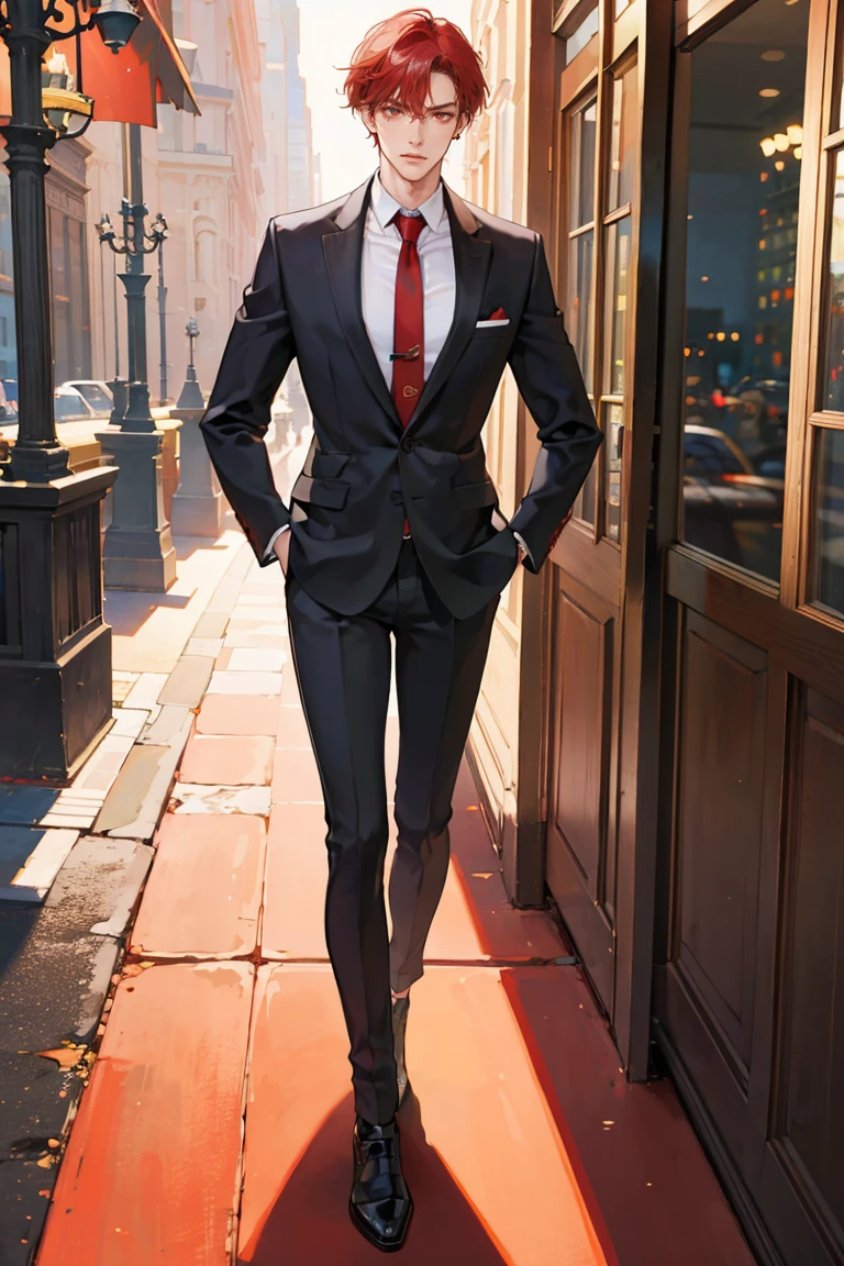 (masterpiece), best quality, seductive eyes, perfect face, handsome man, red eyes, long messy red hair, long nose, angry face, tan brown skin, business suit, black necktie, red glasses, extremely tall man, long legs, long calves, full body, tall man, long legs, anime cover, 1boy, ear piercings, hands in pockets, adult-like look, cafe background