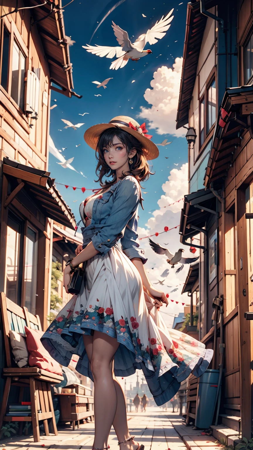 (3d:0.5,Realistic:0.5,photoRealistic:0.5),(Absurd,Super Resolution,masterpiece,Highest quality,In detail,Absurd:1.2), Dramatic Light, Dramatic lighting, Cinematic, Anime Scenery, makoto shinkai, Ghibli, Fantasy World, Magic, Beautiful sky, cloud, building, bike, Airplane trajectory, bird, Dramatic Lighting, Cinematic lighting, sunset, warm sunset, Warm sun, street, Depth of written boundary, Lens flare,19-year-old female、Sexy proportions、??????、Accessories on your wrist、adult、Narrow waist、Sexy summer dress with lace decoration、Mules(Sandals)、Wide-brimmed hat decorated with ribbon