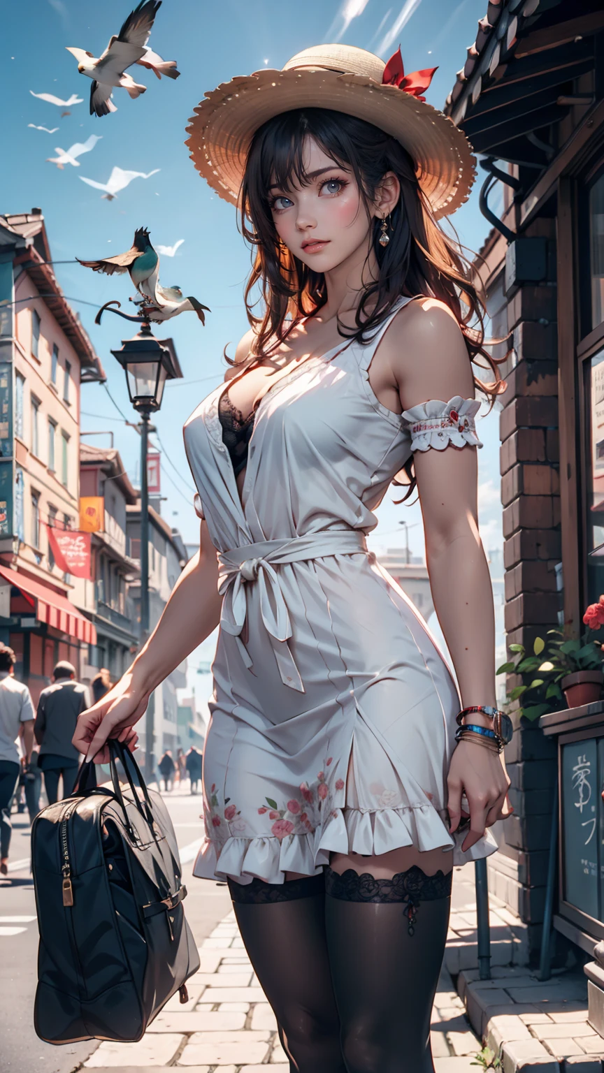 ((masterpiece, Highest quality)),girl, alone, dress, Are standing, Hello, alley, Outdoor, bangs, white dress, Gray Hair, Long Hair, Black footwear, Industrial Pipes, View your viewers, Air conditioning,Dim lighting, garbage, garbage bin, hxh2011 24 year old female、Sexy proportions、Narrow waist、Erotic female body、Saggy breasts