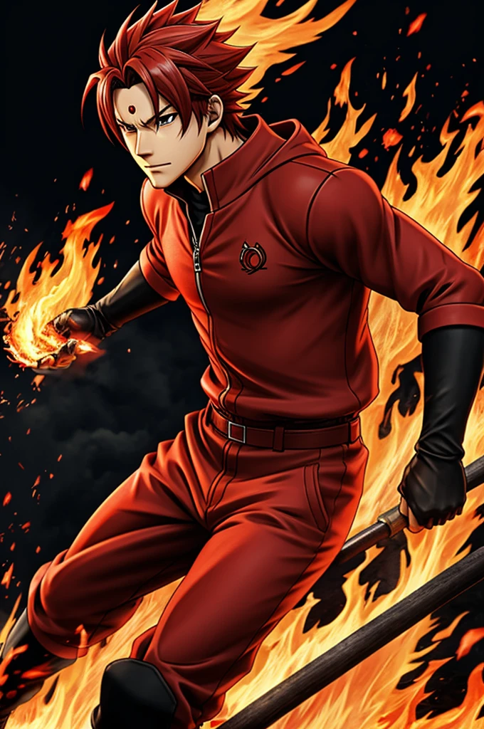 An anime style character whose clothes are red and with fire powers