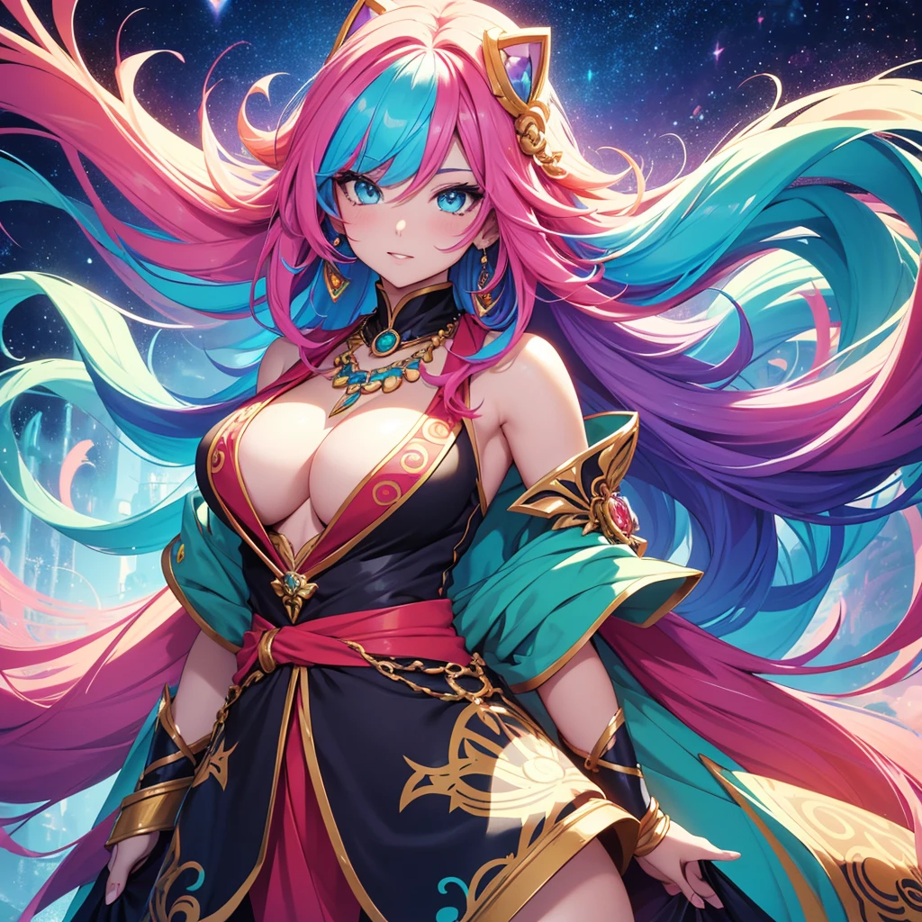 Close-up of a woman with rich and colorful hair and necklace, Anime girl with cosmic long hair, The soft vibrancy of Rossdraws, Gouwez (Guvez) Artwork of style, Fantasy art style, rich and colorful], Vibrant fantasy style, Rossdraws Vibrant cartoons, universe and rich and colorful, Gu Weiss, rich and colorful digital fantasy art, Stunning art style, Beautiful anime style, White skin, Hulk&#39;s Clothes