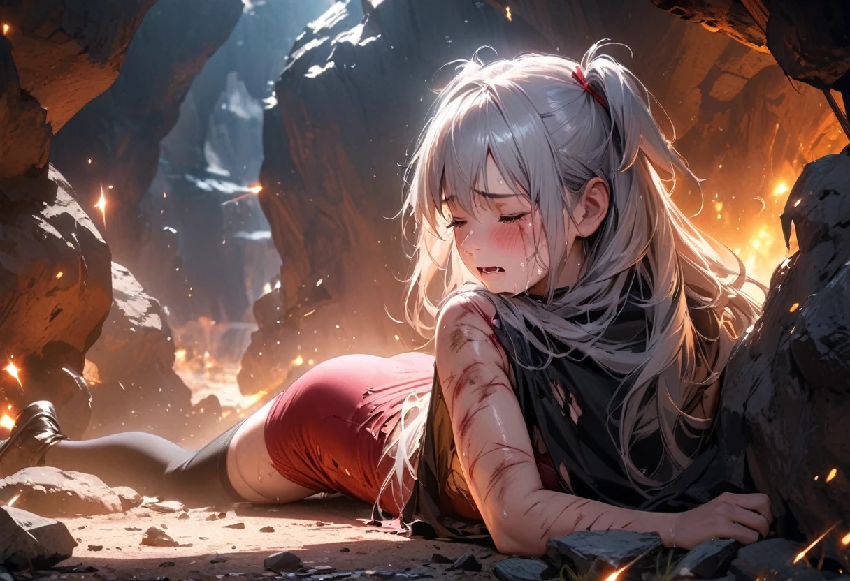 (best quality), (masterpiece), very aesthetic, absurdres, high res, all detailed, realistic, 1girl, (two side up), long hair, silver hair, (red pencil Dress, one side shoulders armor with Cape, pencil miniskirt), medium cleavage, [black thigh-highs], [white panties], (injury skin, scar skin, bleeding skin, torn clothes:1.1), Broken Armor, NSFW, lying, on side, arched back, (one eye closed, cry, tears), sigh, blush, sweat, (outdoors, hill), sparks, shockwave, stone Debris, cinematic lighting, diffraction spikes, three quarter view
