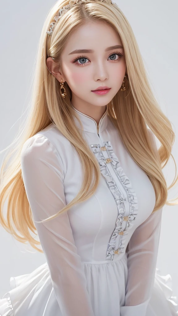 (((White background、shoot from above、China dress、Ao Dai、race、Frills、forehead、White Blonde、Blonde、White Background、Cowboy Shot、amount)))、amount、Northern Europe、Russia、beautiful girl、Platinum Blonde Hair、Straight Long Hair、Big Blue Eyes、Northern Europeの若者、Glowing Skin、Young and beautiful skin、A perfect and beautiful little face、Bright makeup、Pale pink lips、Bright expression、lipstick、Golden Hour Lighting、Movie Light、Intricate details、High resolution、 Detailed features of face design、Big Breasts