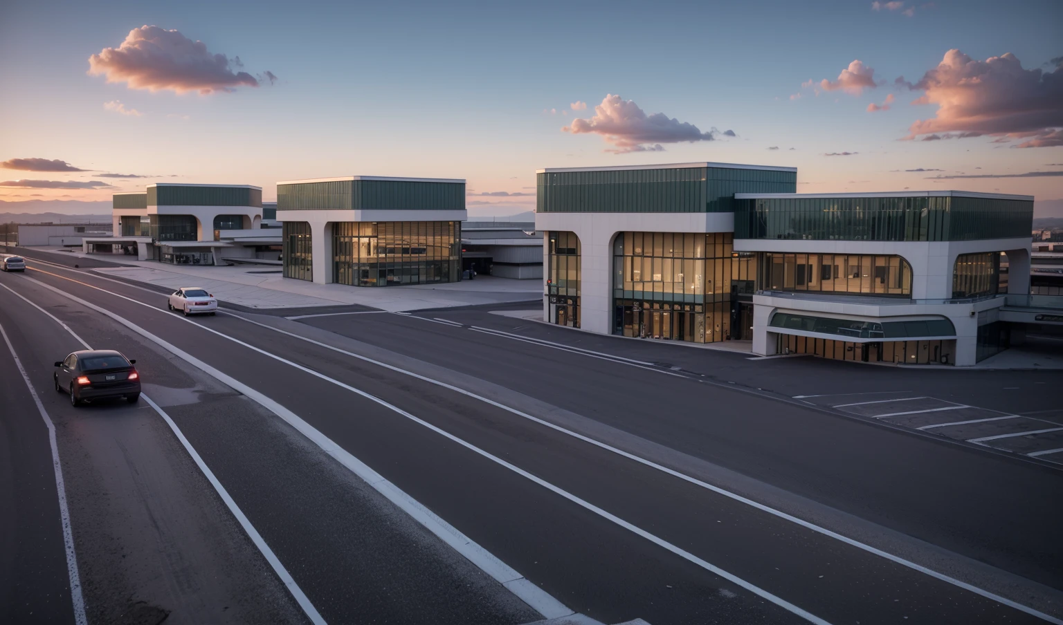 (((masterpiece))),((best quality)),outdoor,Commercial Area,Business Center,(Surrounded by greenery1:2),Asphalt road,Passing car,sidewalk,parking space,Award-winning design