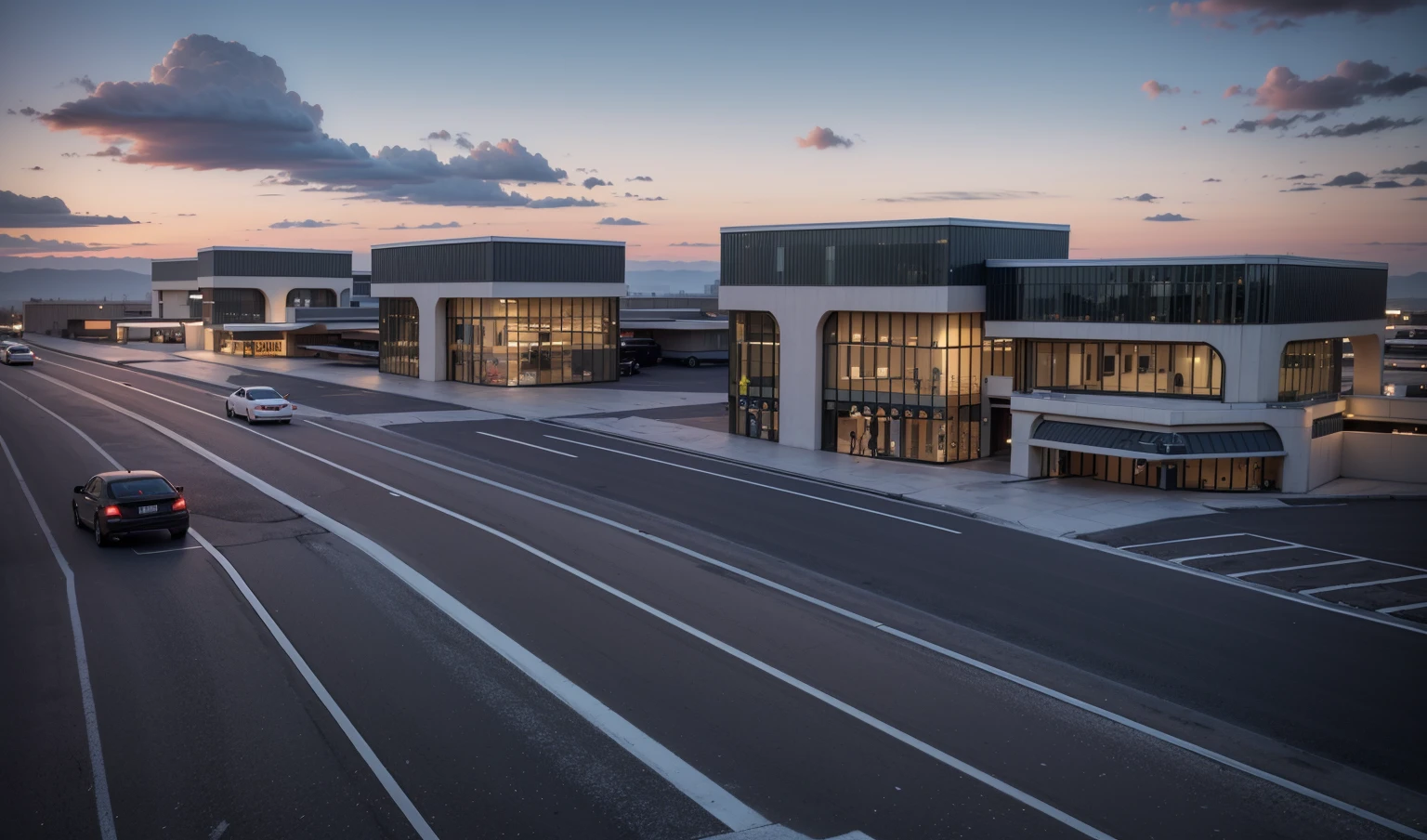 (((masterpiece))),((best quality)),outdoor，Commercial Area，Business Center，（Surrounded by greenery1：2），Asphalt road，Passing car，sidewalk，parking space，Award-winning design