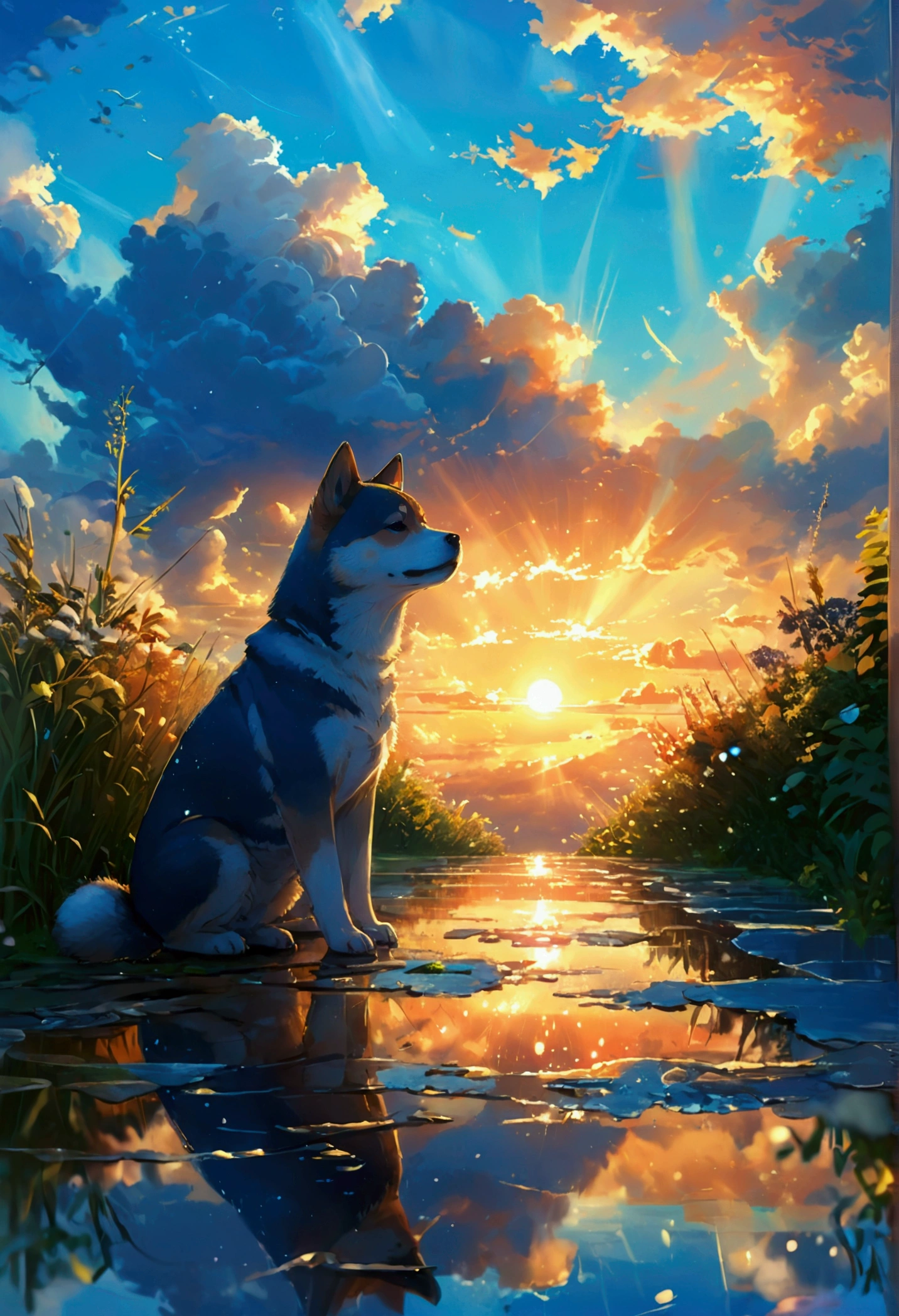 Makoto Shinkai Taste, Beautiful sky, Reflection of light, Shiba Inu,puppy, after the rain,Romantic Landscape, Healing scenes, Light pours in,hope,