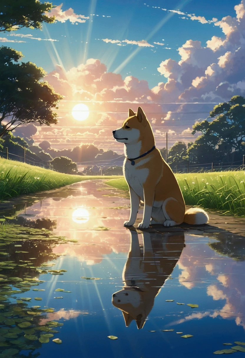 Makoto Shinkai Taste, Beautiful sky, Reflection of light, Shiba Inu,puppy, after the rain,Romantic Landscape, Healing scenes, Light pours in,hope,