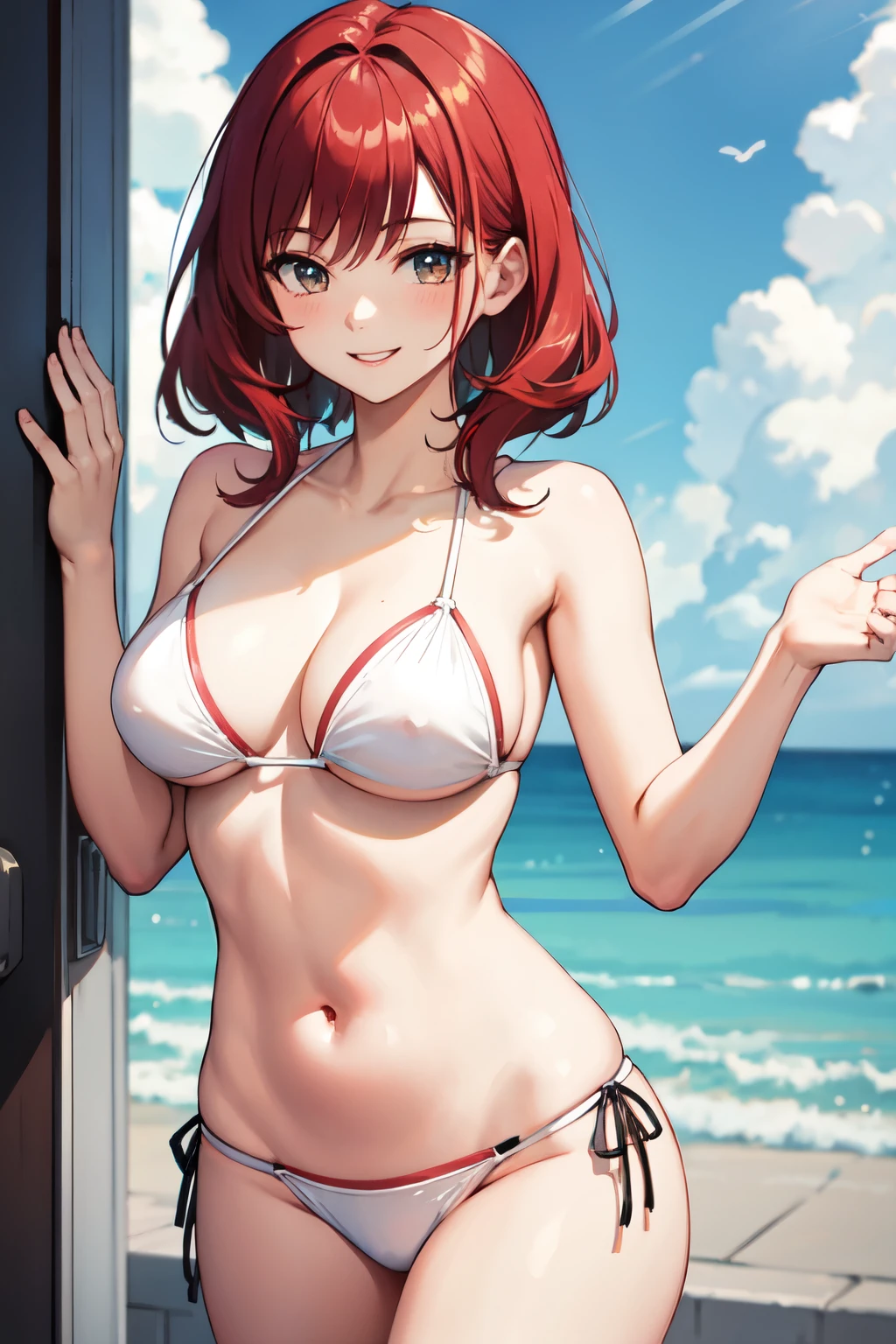 High school student，Lewd，White Bikini，Red Hair，Sexy pose，smile