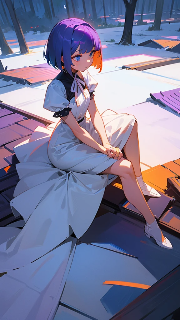 girl with orange angle bob hair and blue eyes, wearing a knee length white dress with a slit, purple ribbon, sitting on top of a simple old roof in the woods at night