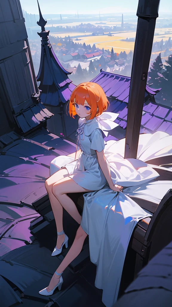 girl with orange angle bob hair and blue eyes, wearing a knee length white dress with a slit, purple ribbon, sitting on top of a simple old roof in the woods at night