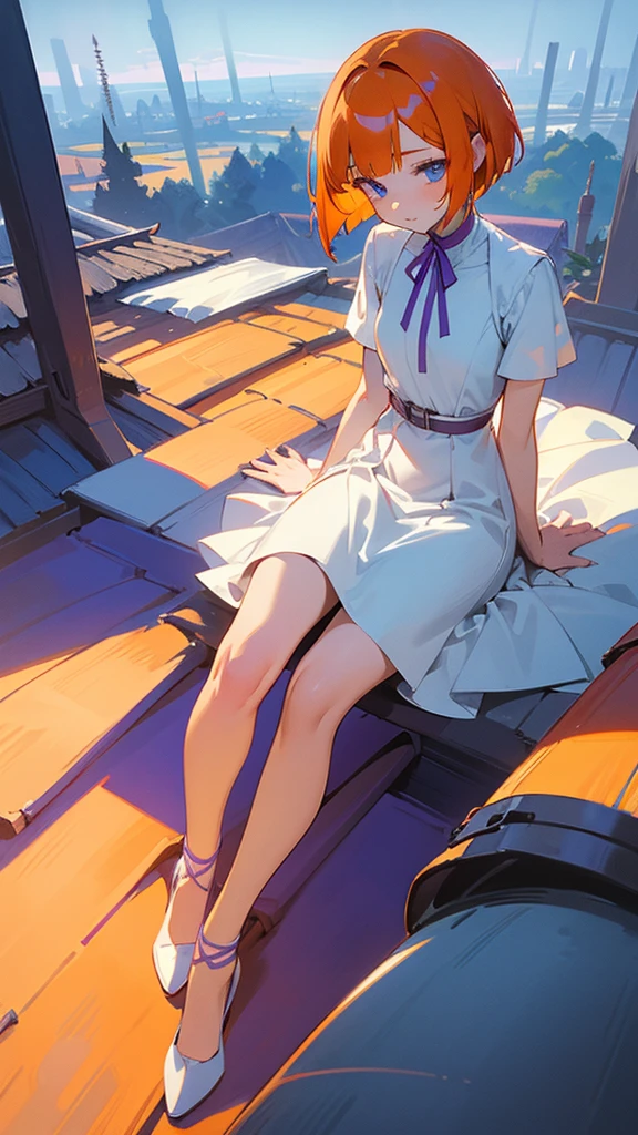 girl with orange angle bob hair and blue eyes, wearing a knee length white dress with a slit, purple ribbon, sitting on top of a simple old roof in the woods at night