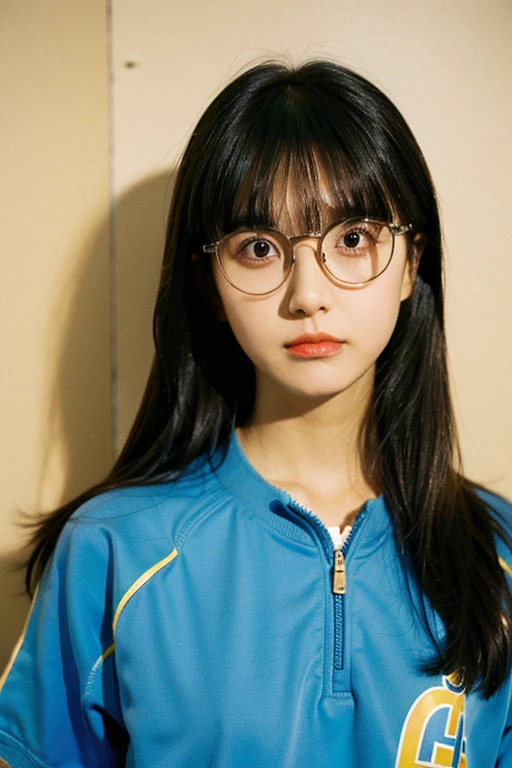 Medium to long hair, gold rimmed glasses,Upper Body,Sportswear,No bangs,Hair of medium length