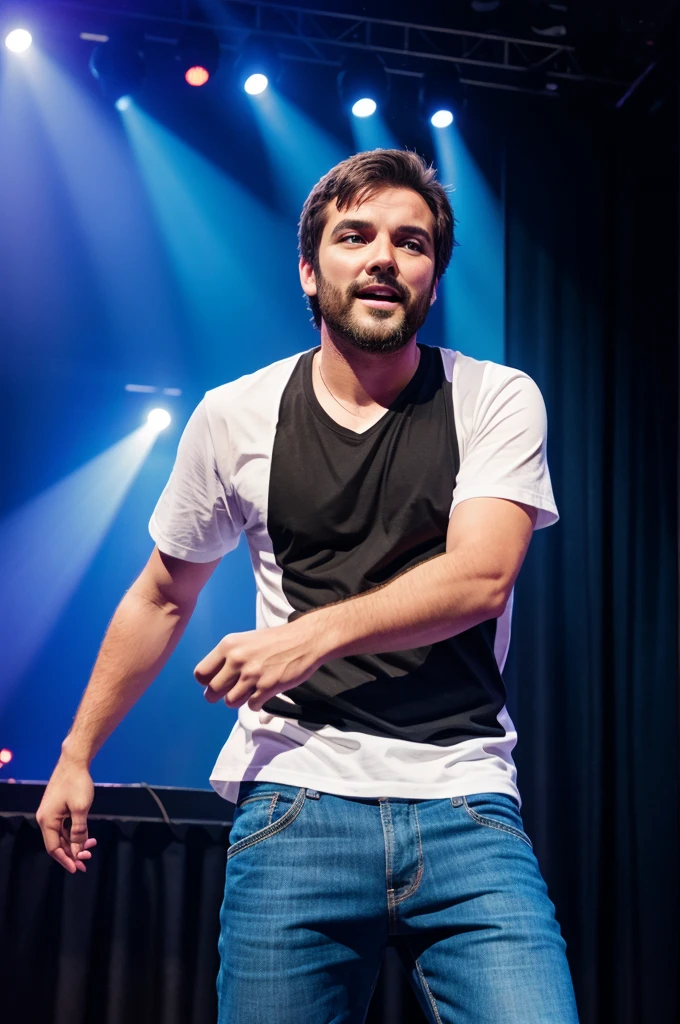 Generate an image of a guy who is on stage and doing standup comedy