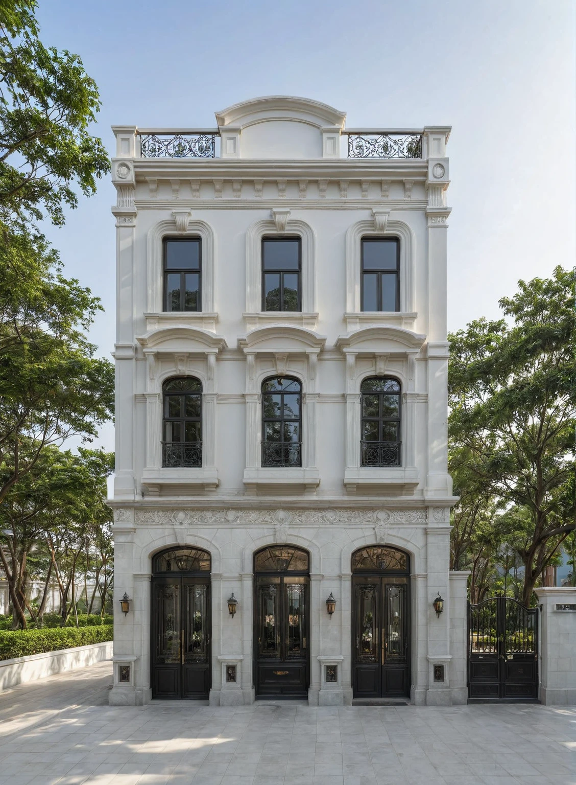 RAW photo,Exterior neo classic house, Inspired by French architecture, neo classic style, white, ((Highly detailed sculpted cornices at the tops of columns and walls)), French style roof, townhouse in residential area, The building is located in an urban area of Hanoi Vietnam, facing the road, (sidewalks), (sidewalk trees), (gate), (ultra realistic), (super high details:1.5), clean white sky, natural lighting, (curvilinear architecture:1.2), (sharpen:1.2), 8k uhd, dslr, soft lighting, high quality, film grain, Fujifilm XT3