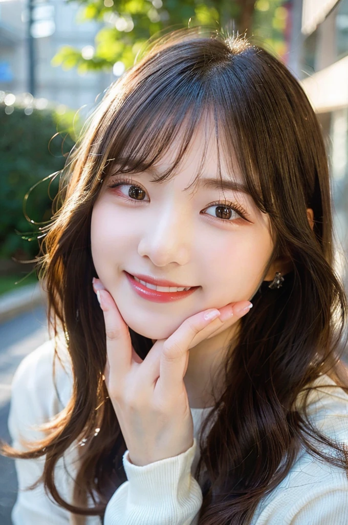 high-level image quality, 1 female college student, laughing, ((Detailed face:1.2)), pale skin, (cold color), moist, reflector stay piece, (perfectly proportions), (photos realistic), (Best Quality), photographed in a Canon EOS R5, 50mm Lens, (8K), very long upper eyelashes, very long lower eyelashes, Detailed lashes, Curled eyelashes, Natural eyes, very beautiful eyelashes