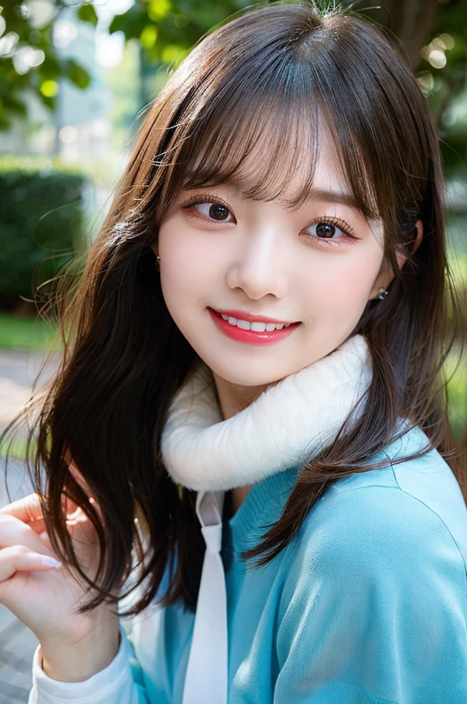 high-level image quality, 1 female college student, laughing, ((Detailed face:1.2)), pale skin, (cold color), moist, reflector stay piece, (perfectly proportions), (photos realistic), (Best Quality), photographed in a Canon EOS R5, 50mm Lens, (8K), very long upper eyelashes, very long lower eyelashes, Detailed lashes, Curled eyelashes, Natural eyes, very beautiful eyelashes