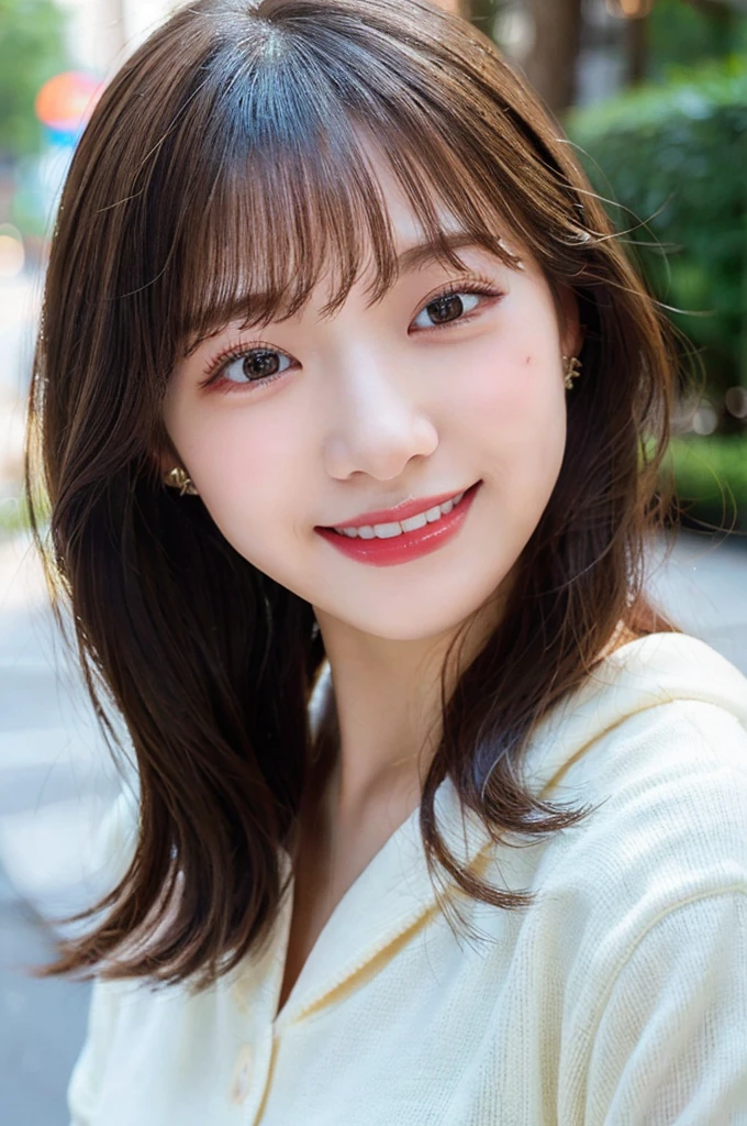 high-level image quality, 1 female college student, laughing, ((Detailed face:1.2)), pale skin, (cold color), moist, reflector stay piece, (perfectly proportions), (photos realistic), (Best Quality), photographed in a Canon EOS R5, 50mm Lens, (8K), very long upper eyelashes, very long lower eyelashes, Detailed lashes, Curled eyelashes, Natural eyes, very beautiful eyelashes
