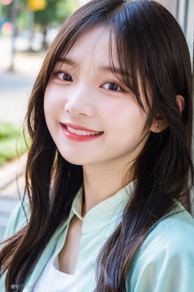  high-level image quality, 1 female college student, laughing, ((Detailed face:1.2)), pale skin, (cold color), moist, reflector stay piece, (perfectly proportions), (photos realistic), (Best Quality), photographed in a Canon EOS R5, 50mm Lens, (8K), very long upper eyelashes, very long lower eyelashes, Detailed lashes, Curled eyelashes, Natural eyes, very beautiful eyelashes
