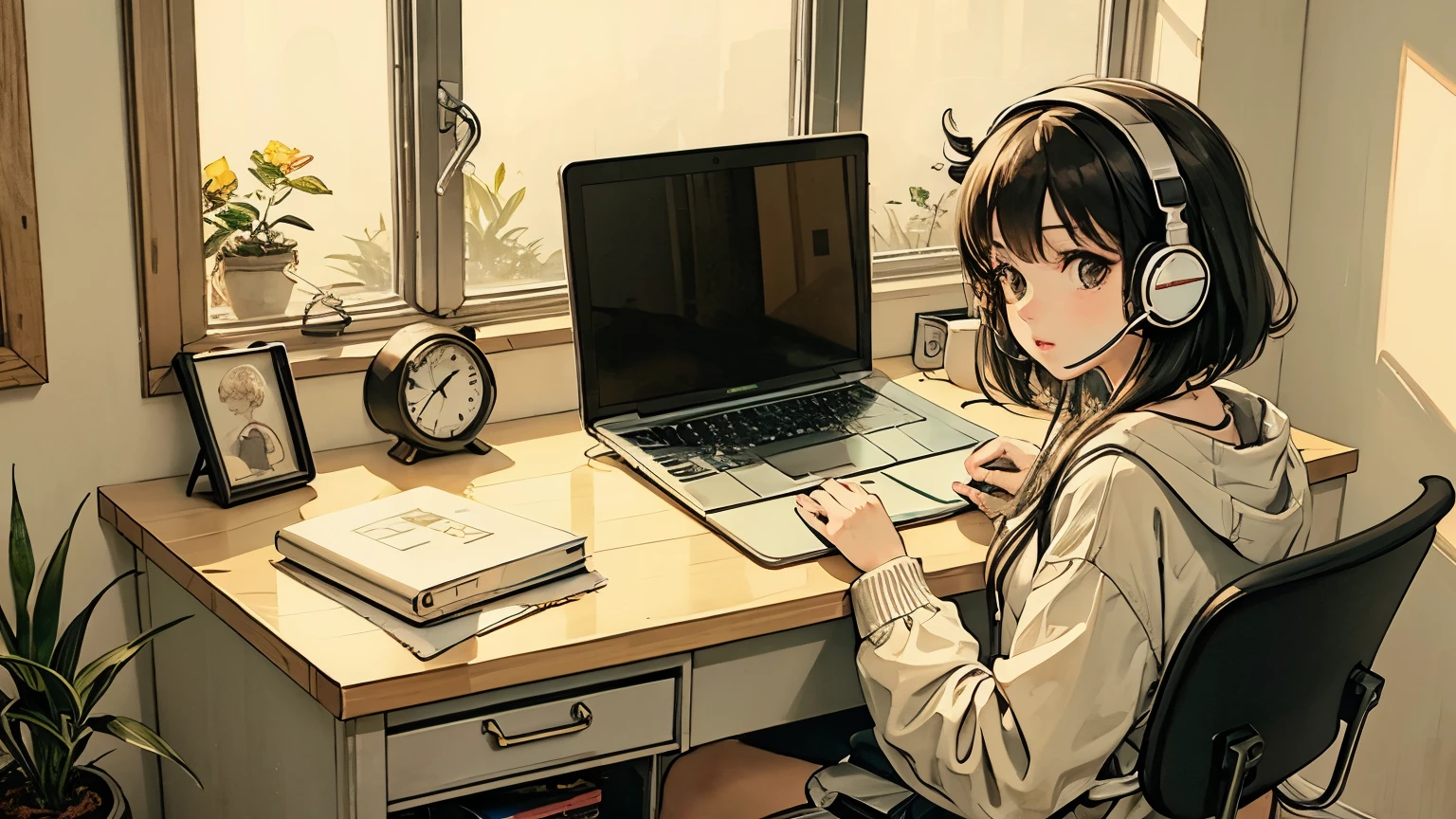 Bob Girl,Wearing headphones,Sit at a desk,Use a laptop,Soft lighting,Cozy room decor　,Lo-fi music vibe