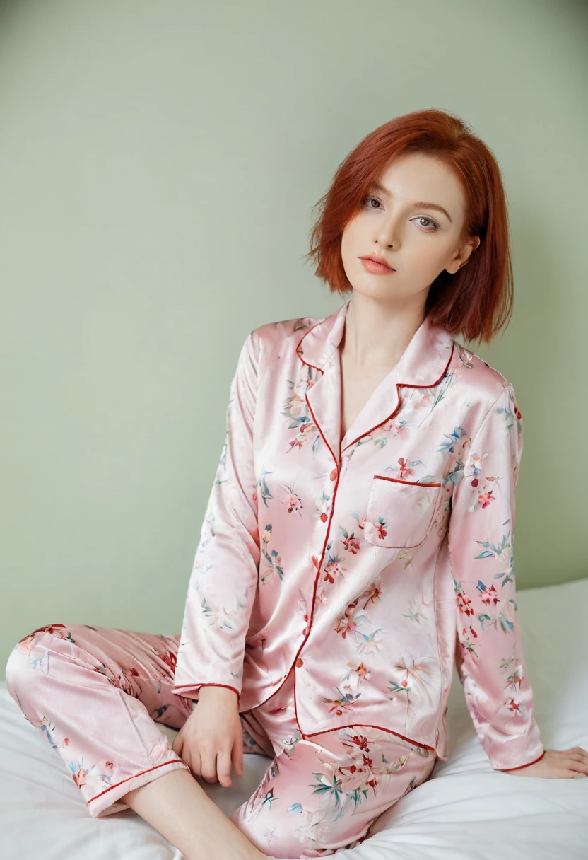 There is a woman sitting on a bed wearing pink floral pajamas., redhead girl, beautiful redhead woman, redhead woman, young redhead girl, bright red short hair, red hair and attractive features, Anna Nikonova aka Newmilky, redhead girl, redhead, beautiful woman, posing in bed, Red head, with short red hair, posing in a room