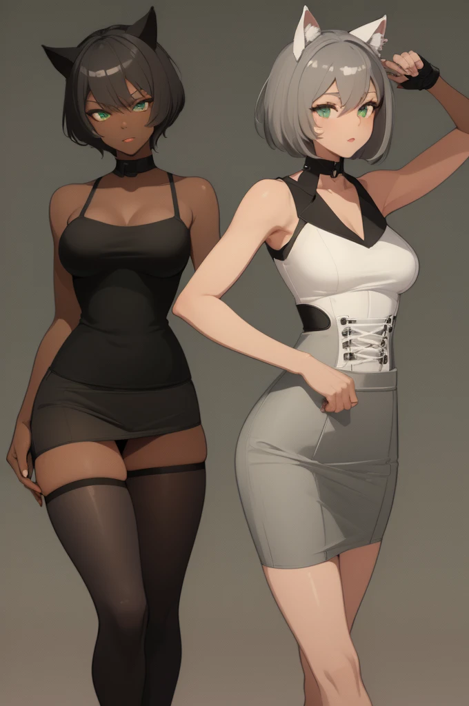 (masterpiece, best quality:1.2), illustration, dark skin, a lady with gray cat ears, full body, gray wave short hair, grab a microphone, green eyes, gray camisole, gray tight skirt, orange corset, no background,