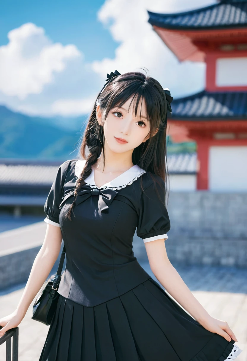 Anime Girl with long hair and a black dress posing for a picture, Sayori, Cute girl anime visual, Anime cute art style, Lolita in a skirt, Anime Girl weareturng a black dress, pretty Anime Girl, (Anime Girl), cute Anime Girl, 穿着漂亮裙子的可爱Anime Girl, attractive Anime Girl, beautiful Anime Girl, return, Smooth anime CG art
