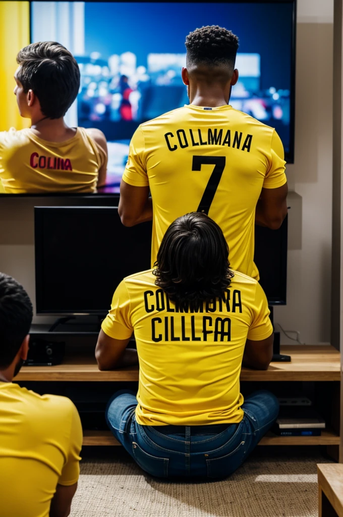 Man from back wearing yellow Colombia t-shirt watching big TV screen