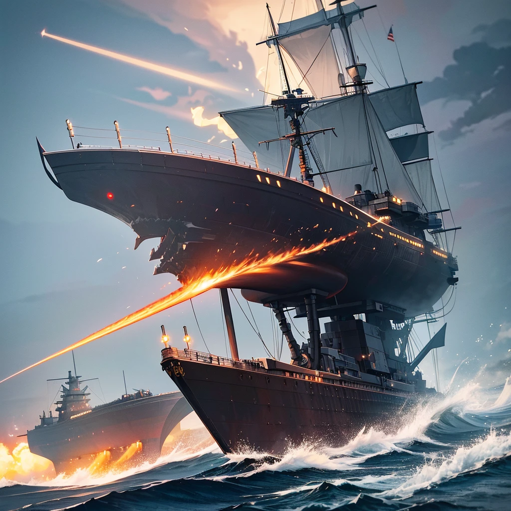Content: A detailed digital art piece depicting a frontal view of a battleship firing its cannons. The battleship is massive and formidable, with large cannons blasting out powerful bursts of fire and smoke. The ocean around it is turbulent, reflecting the intensity of the action. Medium: Digital art, concept illustration. Style: Highly detailed, realistic military art in the style of naval history illustrations. Lighting: Dynamic lighting with dramatic highlights and shadows to emphasize the power and scale of the battleship. The cannon fire illuminates the scene with intense bursts of light. Colours: A palette of steely blues, greys, and blacks, with bright flashes of orange and yellow from the cannon fire. Composition: A frontal view with a slightly low angle to emphasize the size and power of the battleship. The horizon line is low, creating a dramatic sense of scale and action.