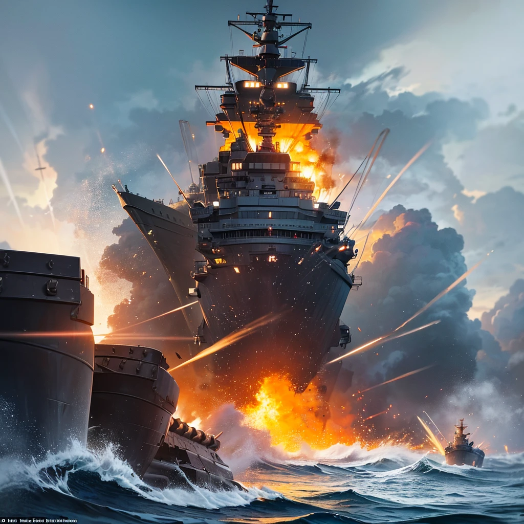 Content: A detailed digital art piece depicting a frontal view of a battleship firing its cannons. The battleship is massive and formidable, with large cannons blasting out powerful bursts of fire and smoke. The ocean around it is turbulent, reflecting the intensity of the action. Medium: Digital art, concept illustration. Style: Highly detailed, realistic military art in the style of naval history illustrations. Lighting: Dynamic lighting with dramatic highlights and shadows to emphasize the power and scale of the battleship. The cannon fire illuminates the scene with intense bursts of light. Colours: A palette of steely blues, greys, and blacks, with bright flashes of orange and yellow from the cannon fire. Composition: A frontal view with a slightly low angle to emphasize the size and power of the battleship. The horizon line is low, creating a dramatic sense of scale and action.