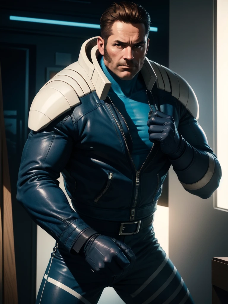 40-year-old man, alone, strong, muscular, short brown hair, blue clothes, wears blue gloves, one of his hands is a cannon, high resolution, perfect image, very detailed, high contrast, digital colors, simple, flat medium, cinematic, ultra sharp focus, award-winning photography, perfect contrast, high sharpness, depth of field, ultra detailed photography. global illumination, fluid, ultra high definition, 8k, Unreal Engine 5, ultra sharp focus, award-winning photography, Art Season Trends,
