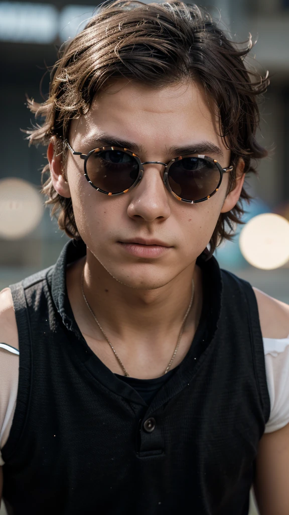 16 year old boy, round face, messy hair, eyebrows, funny expression, black vest, circular sunglasses, 3D cartoon style, detailed facial features, highly detailed, hyper realistic, 4k, cinematic lighting, vibrant colors, sharp focus, professional quality