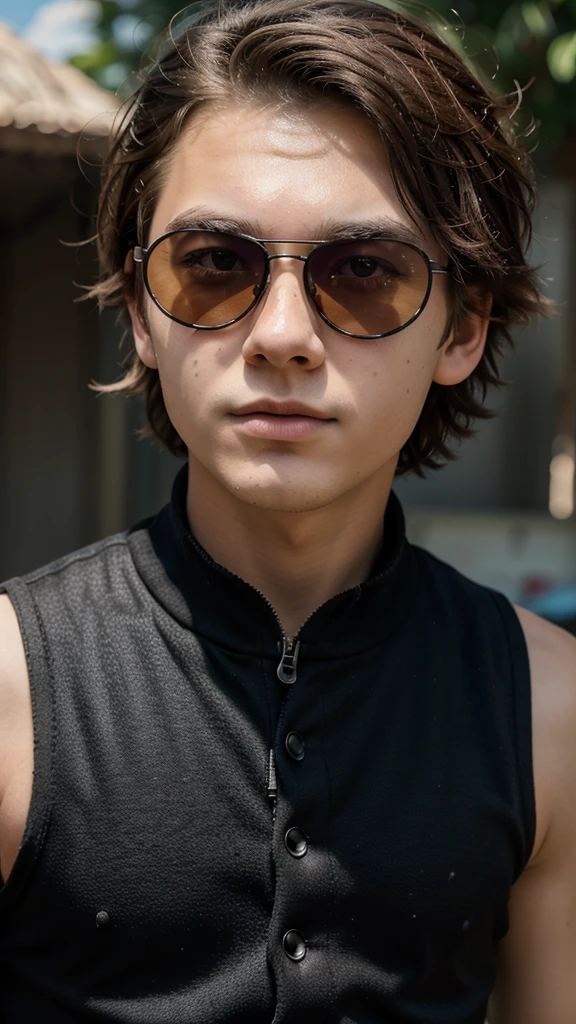 16 year old boy, round face, messy hair, eyebrows, funny expression, black vest, circular sunglasses, 3D cartoon style, detailed facial features, highly detailed, hyper realistic, 4k, cinematic lighting, vibrant colors, sharp focus, professional quality