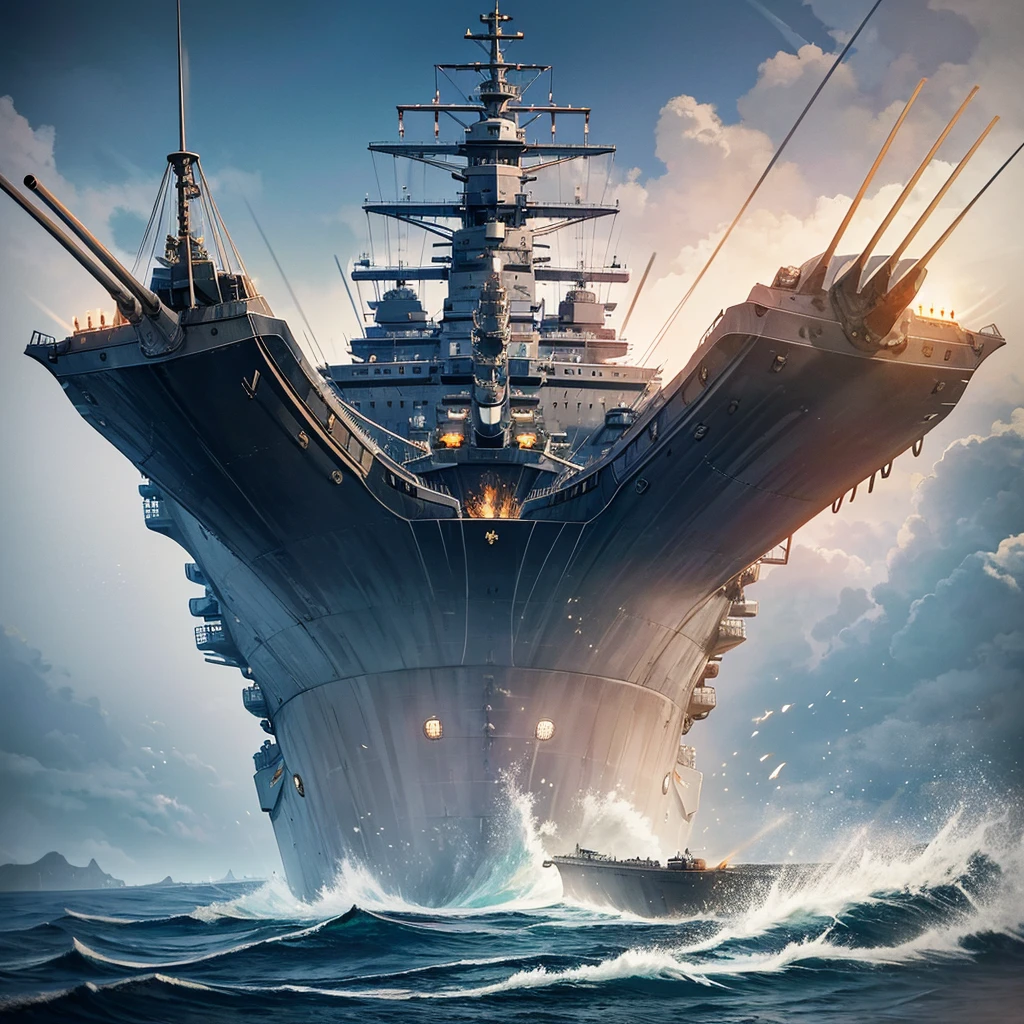 Content: A grand, detailed digital art piece showing numerous battleships at sea, all firing their cannons towards an empty center. The ships are positioned around the edges of the image, creating a dramatic scene with the center left ominously vacant. The ocean is rough, adding to the intensity of the scene.

Medium: Digital art, concept illustration.

Style: Highly detailed and realistic military art, capturing the scale and power of a large naval battle.

Lighting: Dynamic lighting with dramatic highlights and shadows. The cannon fire illuminates the scene with intense bursts of light, casting shadows across the turbulent ocean.

Colours: A palette dominated by steely blues, greys, and blacks for the ships and ocean, with bright flashes of orange and yellow from the cannon fire.

Composition: Battleships positioned around the edges of the image, all firing towards the empty center. The perspective creates a sense of vastness and intensity, emphasizing the scale of the naval forces.