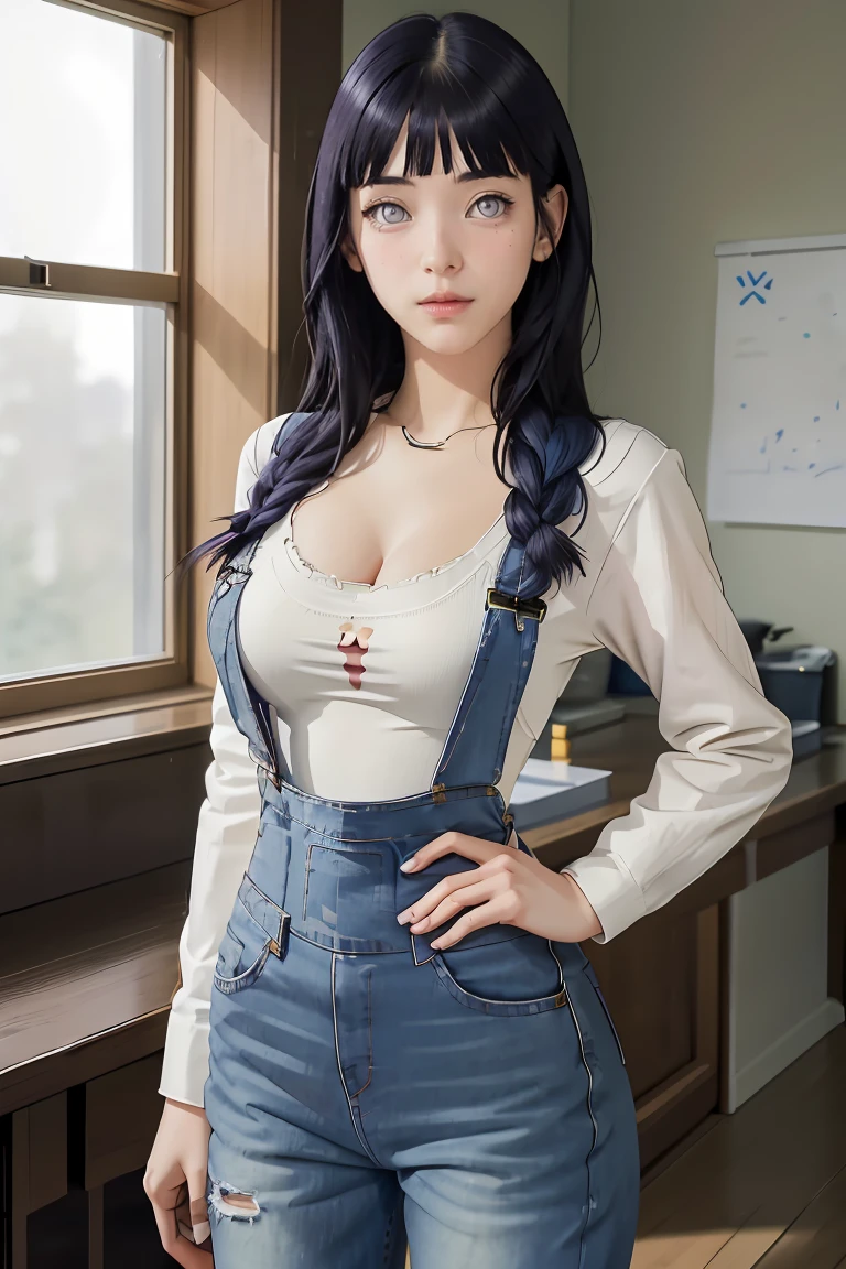 tmasterpiece， best qualityer， ultra - detailed， illustration，1girll，
long whitr hair，dark-blue hair，french braid，Purple eye，bluntbangs，cleavage，Large breasts
shirt，（jeans overalls：1.1），
mideum breasts， 
looking at viewert，hyouka/（Boruto/），Detailed lips