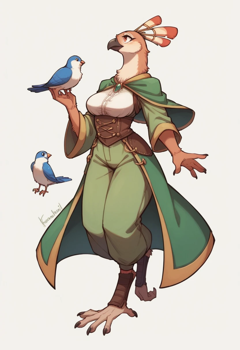 female anthropomorphic bird, Breasts covered and sfw. full body, white background. plays bagpipes. kopf von einem Robin, bird head, SCHNABEL, Robin