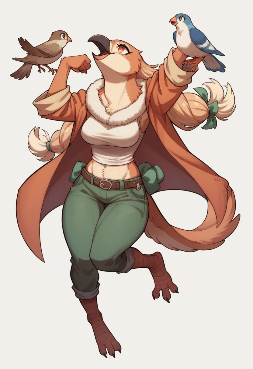 female anthropomorphic bird, Breasts covered and sfw. full body, white background. plays bagpipes. kopf von einem Robin, bird head, SCHNABEL, Robin