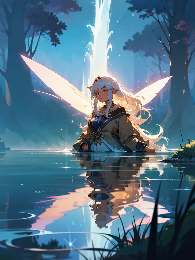 Realistic 3D anime style image of a beautiful girl bathing in a lake, (BROWN SKIN) long white hair ,pointy ears, beautiful face body with nice curves ,Anime Beautiful Peace Scene, Beautiful anime scene, magic background, anime art background, animated background, very magical and dreamy, magical environment, art backgroundwork, magic forest background, Beautiful anime scenery, art background, magical and sparkling lake, ethereal realm, magic fairy background, lost in a dream fairy landscape.