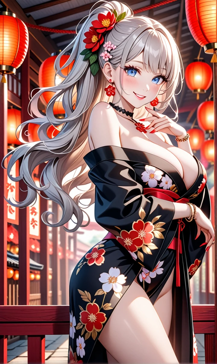 ultra-detailed, ((one girl)), (pale skin:1.4), in pastel colors gyaru, (heavy makeup), (professional lighting) hyper detailed, absurdres, 8K, Beautiful Face, (Laugh shyly), ((teasing smile:1.8)), ((Wink:1.7)), (Laugh with your mouth wide open),((Tilt your face:1.6)), View your viewers, ((Bright red cheeks:1.6)),Glossy Red Lips, ((Big Breasts:1.6)), ((undressing:1.2)), noon, Shrine festival venue, ((Anime style background)),masterpiece, Highest quality, so beautiful,Latest, Complex details, (Pink long nails), (nail art), (ring),(bracelet), (Floral Choker),AI-generated, Complex,High resolution, Highest quality, super high quality,3D Images、3D Images,One person,Pastel silver long hair,(High Ponytail), (wavy hair:1.3), Pastel anime woman posing for a photo, ((Fine grain、blue eyes、glowing eyes:1.4)), (Squint your eyes:1.1),a hyperRealistic , hyperRealistic , Realistic,Anime woman with long pastel white hair, Smooth anime CG art, A girl in a gorgeous black kimono, ((Black long-sleeved kimono)),(Pink large floral pattern), Golden embroidery, (sideboob), Long flower hair ornament,Floral Earrings,japanese pouchを手に持つ,Mature Body, tall,Narrow waist, ((from side:1.2)), ((leaning forward)),