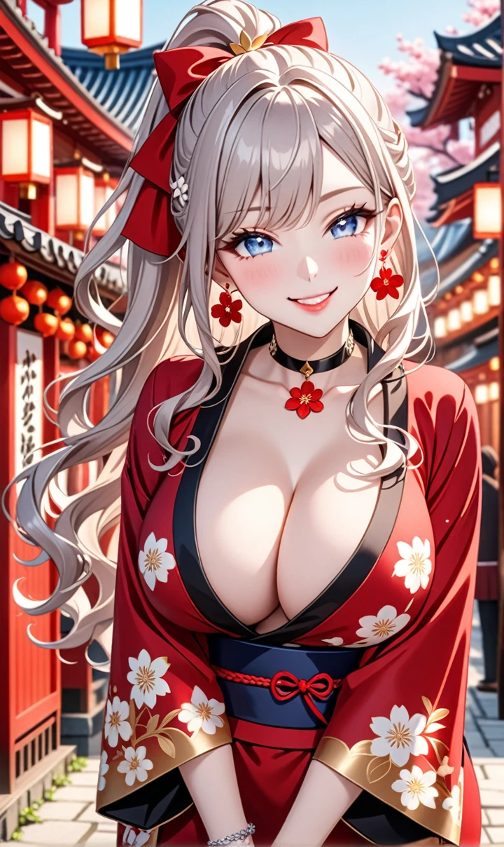 ultra-detailed, ((one girl)), (pale skin:1.4), in pastel colors gyaru, (heavy makeup), (professional lighting) hyper detailed, absurdres, 8K, Beautiful Face, (Laugh shyly), ((teasing smile:1.8)), ((Wink:1.7)), (Laugh with your mouth wide open),((Tilt your face:1.6)), View your viewers, ((Bright red cheeks:1.6)),Glossy Red Lips, ((Big Breasts:1.6)), ((undressing:1.2)), noon, Shrine festival venue, ((Anime style background)),masterpiece, Highest quality, so beautiful,Latest, Complex details, (Pink long nails), (nail art), (ring),(bracelet), (Floral Choker),AI-generated, Complex,High resolution, Highest quality, super high quality,3D Images、3D Images,One person,Pastel silver long hair,(High Ponytail), (wavy hair:1.3), Pastel anime woman posing for a photo, ((Fine grain、blue eyes、glowing eyes:1.4)), (Squint your eyes:1.1),a hyperRealistic , hyperRealistic , Realistic,Anime woman with long pastel white hair, Smooth anime CG art, A girl in a gorgeous black kimono, ((Black long-sleeved kimono)),(Pink large floral pattern), Golden embroidery, (sideboob), Long flower hair ornament,Floral Earrings,japanese pouchを手に持つ,Mature Body, tall,Narrow waist, ((from side:1.2)), ((leaning forward)),