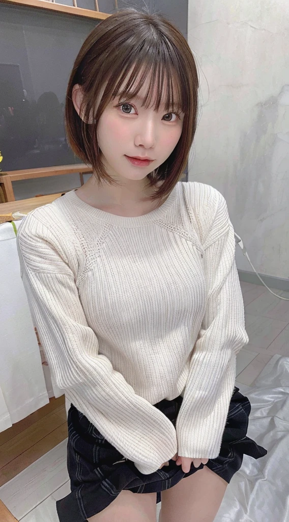the Extremely Detailed CG Unity 8K Wallpapers、top-quality、ultra-detailliert、masterpiece、realisitic、Photo Real、Very detailed cute lady、20yr old、、((skirt lift by yourself)))、(Lifted by yourself)、White Ecchi Panties、panties focus、red blush、cparted lips、looking at the viewers、Semi-body shot、(Large crowds)、(Crowded museums)、Short bob cut、Point your body at the camera