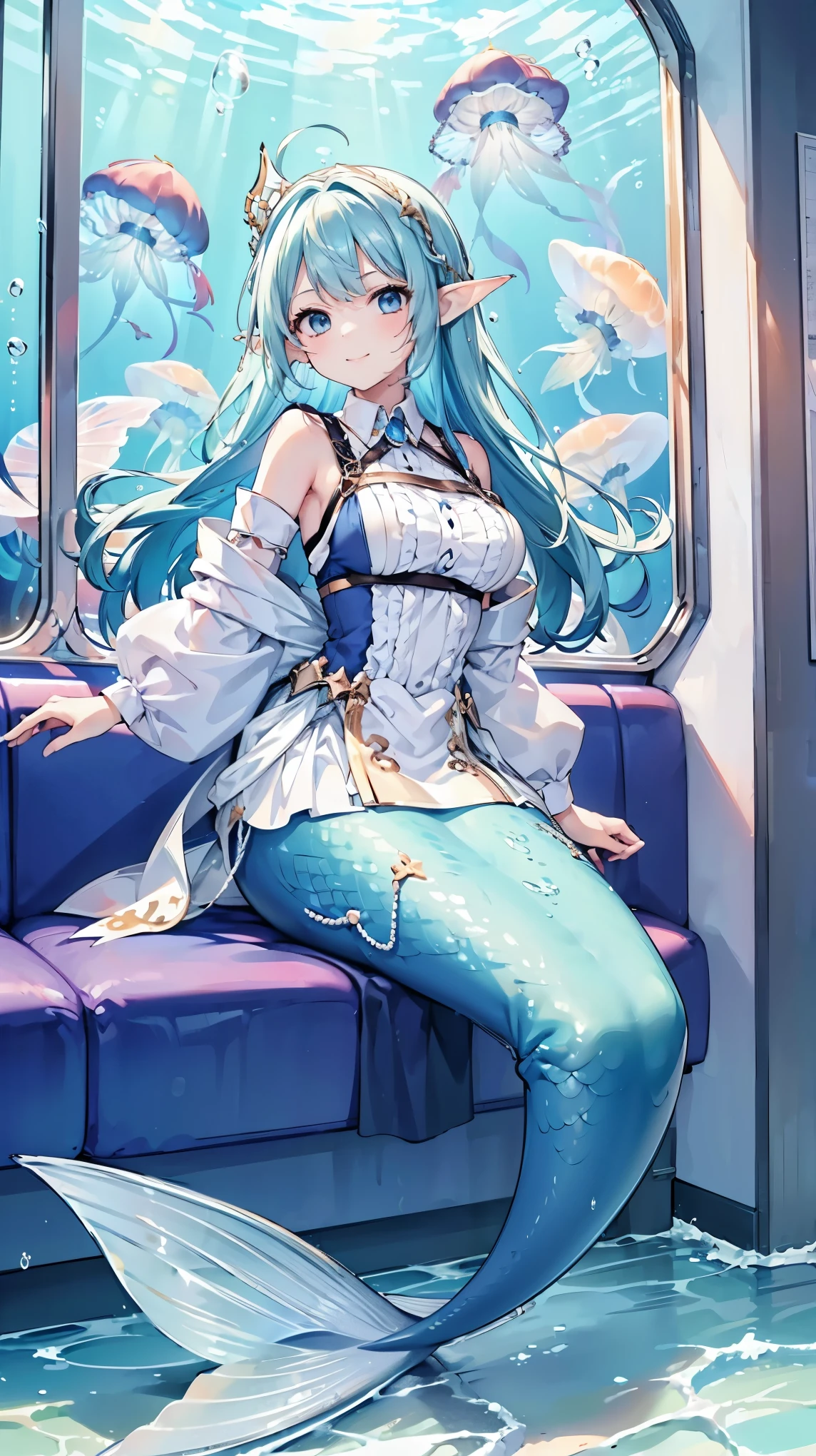 masterpiece, best quality,A girl,Blue Hair,White Dress,Ahoge,blue eyes, Elf ears,独奏,Large Breasts,Mermaid,蓝色的Mermaid尾巴,full-body shot,transportation facilities_against_window,blue theme, (in water:1.2), (air bubble:1.3), Inside the train, (surreal:1.2), (jellyfish:1.2), (whale:1.1),(fish:1.2),blurred foreground,charming face(Kawaii, charming,Soft),Looking at the audience,Smile