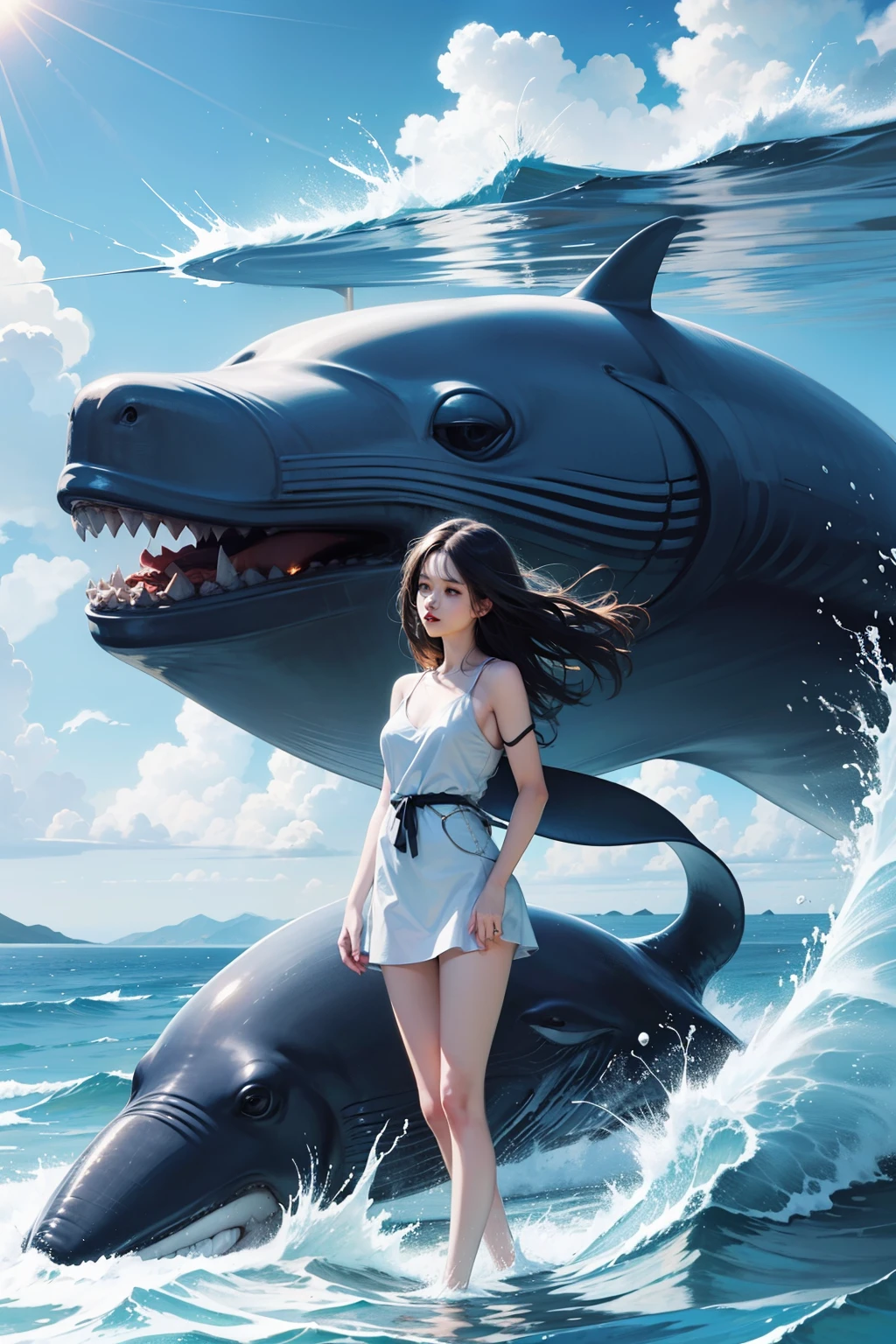 1 cute whale girl ,There's sky.,cartoon