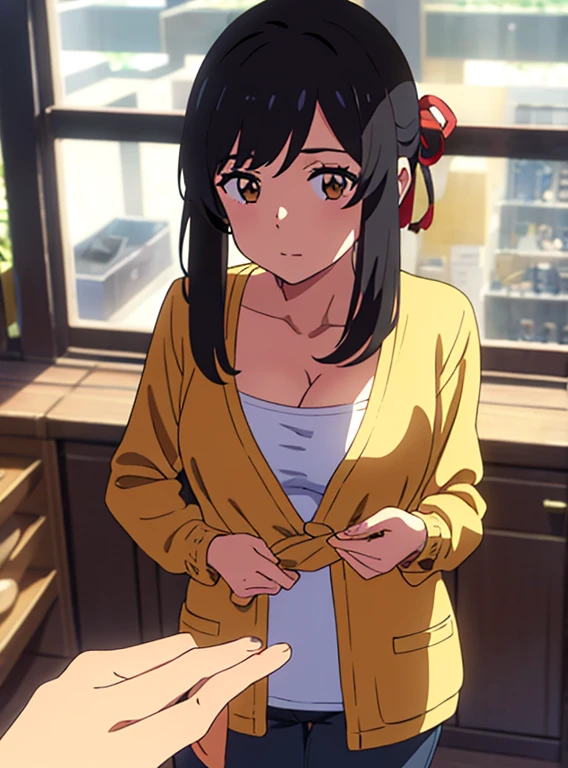 shinkai makoto, kimi no na wa., 1girl, bangs, black hair, brown eyes, twisted half up, red ribbon, long hair, long sleeve light yellow cardigan, open shirt, yellow shirt, cleavage, breast, medium breast, Orange shirt, name tag written "LUMINE Miyamizu", looking at the viewer, indoors, jewelry products, jewelry shop, jewelry saleswoman, indoors, mall, masterpiece, perfect anatomy, cowboyshot, POV (POV boy's hands holding girl's chest POV)