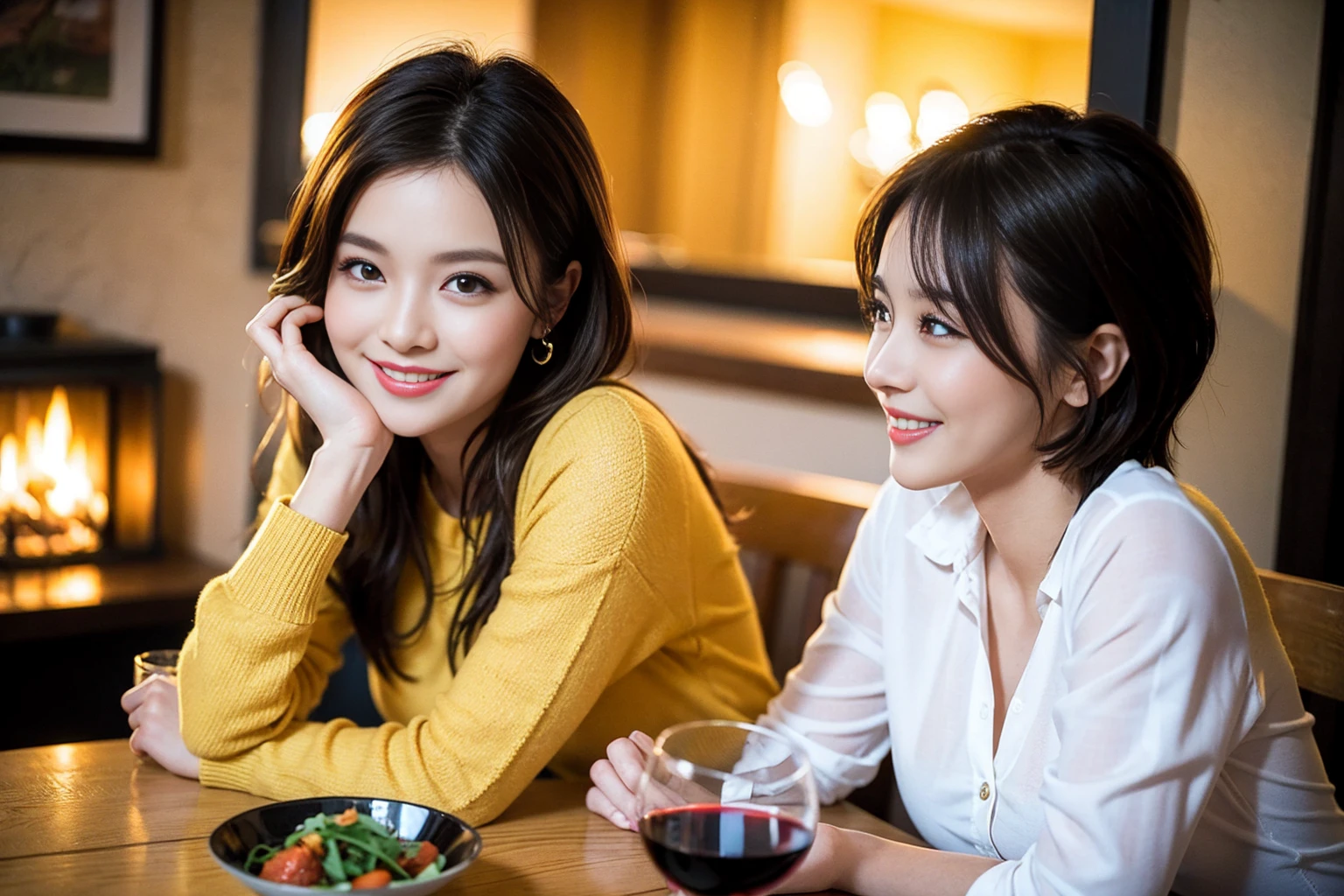 ((Highest quality、8K、masterpiece:1.3))、cute、slimカップル、modelカップル、actress男優、(Realistic, Intricate details:1.2), full-course dinner、Wine Party、Amazing view of the sunset sky and clouds、A bright smile、short hair,Bright Face、 (Age 45), 42 years old, red wine 、Appetizers、Italian food、Wine bottle、Champagne、sparkling wine、Two beauties、Brown Hair、Shortcuts、Long sleeve shirt、dress、Beautiful woman 1, (slimな顔), (The body is slim), (Brown Hair), (Shortcuts), cheeks turn a little red,Attractive beauty、restaurant, In a prominent place (From the waist up) Nova Frog Style, actress, model, Upper Body, White wine, slim, wine glass, 中央に置かれたwine glass, smile, (smile: 1.15), Beautiful fine grain, Depth f/2,saturation, High Contrast, Strong light and shadow,Moist Body:1.5、3D texture、Delicate eyes、Brown Hair、The hair is very shiny、