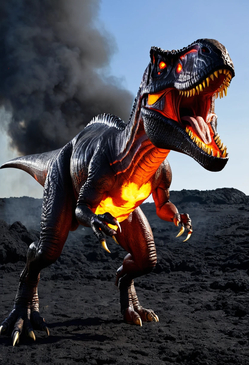 Lava dinosaur, fire eyes, (lava T rex), lava mouth, villain, full body, full body view