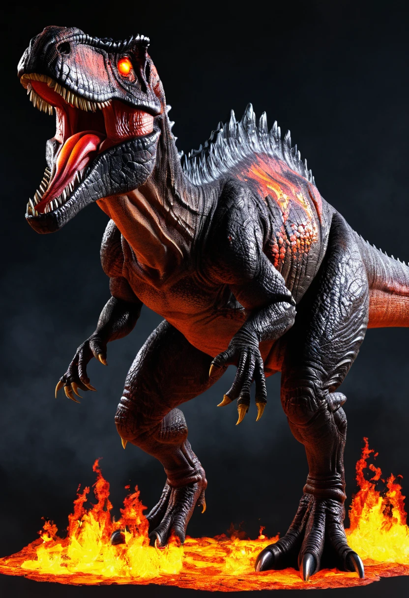Lava Dinosaur, red eyes, villain, lava body, sharp, long scary teeth, full body, full body view