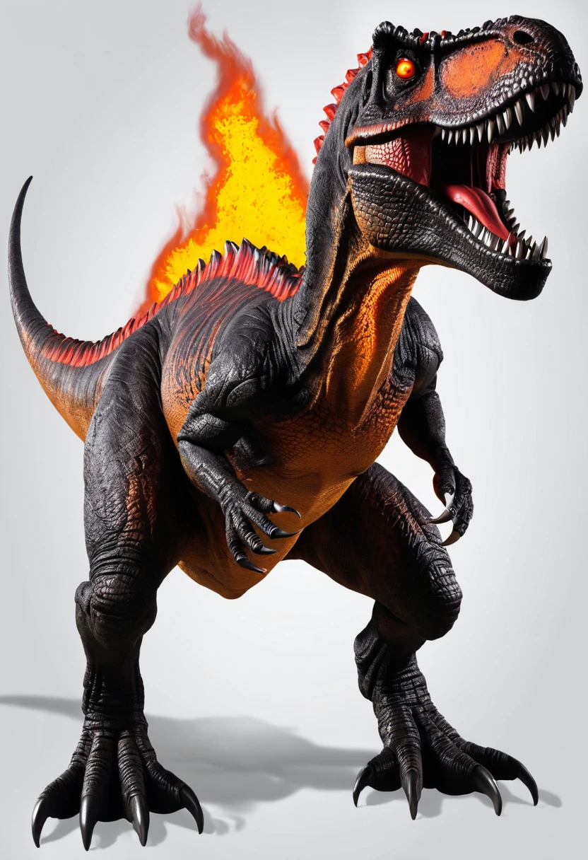 Lava dinosaur, fire eyes, (lava T rex), lava mouth, villain, full body, full body view