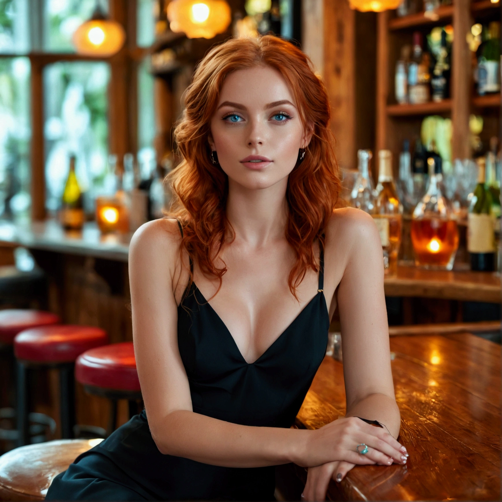 red-haired model with (light blue eyes), sitting in a bar, light wooden floor, She sits at the counter, turns to the camera, legs slightly over each other, flawless legs, in the background 3 bar stools and shelves with drinks, wine. Sparkling wine etc... one arm lying on the counter,, the other hand is on the bar stool, She is wearing a beautiful black dress, without sleeves, She looks directly into the camera, Twill is visible, flawless skin, flawless hands, natural face, detailed face, detailed hair, detailed hands, detailed feet, feminine figure, photorealestic, professional color grading, Hyperdetailed, hyper-realistic, small focal length, bright blue eyes